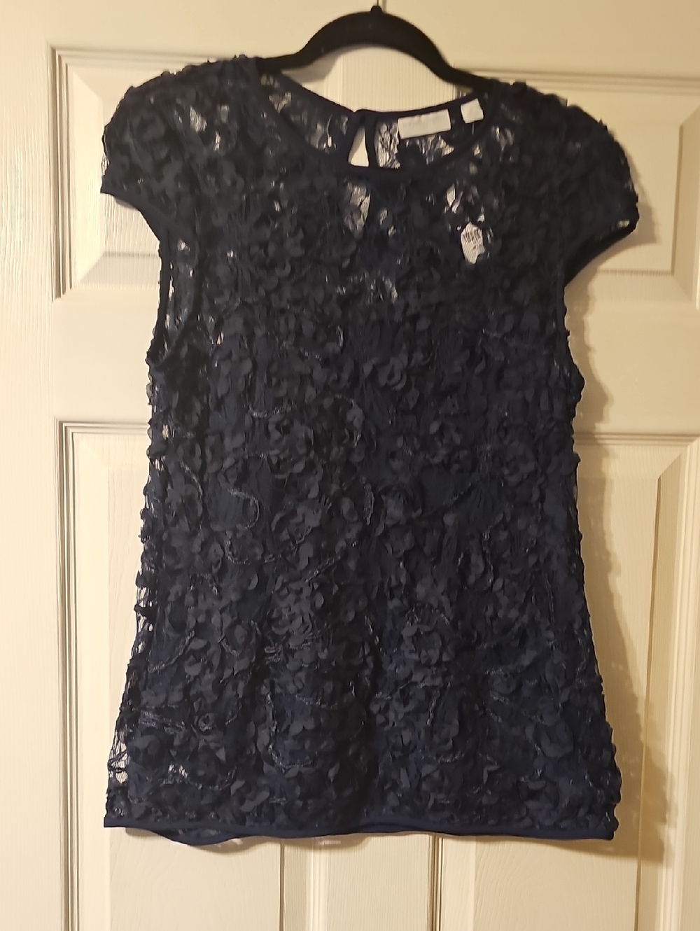 New York & Company Navy Floral Lace Cap-Sleeve Blouse
